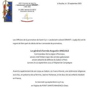 Décès du général d’armée (GABON) Augustin ANGUILE, saint-cyrien de la promotion LtCol DRIANT